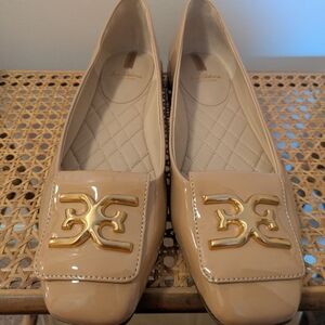 Sam Edelman Square Toe Nude Patent Leather Flats with Gold Accent